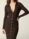 Brown fitted ribbed knit maxi dress