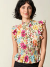 Flounced wrap top in printed beige crepe