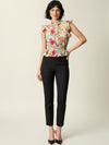 Flounced wrap top in printed beige crepe