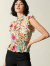 Flounced wrap top in printed beige crepe